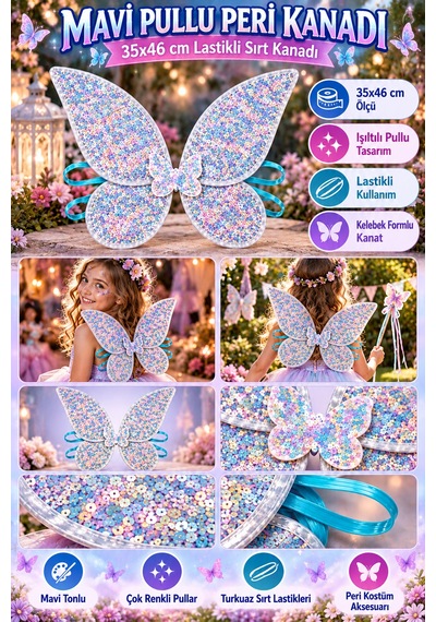 Mavi Pullu Peri Kanadı 35x46 Cm Lastikli Kelebek Sırt Kanadı Kostüm, Parti Ve Gösteri Aksesuarı