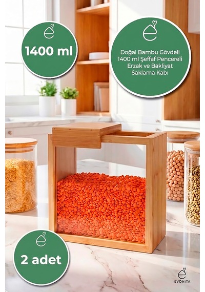 1400 Ml Bambu Kapaklı Erzak Kabı Bakliyat Saklama Kabı Mutfak Organizer Tekli Saklama Kutusu 2 Adet Kahverengi