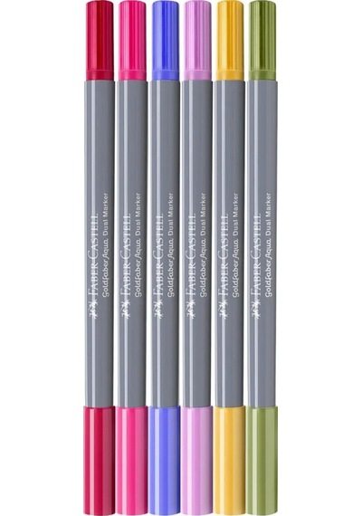 Faber-Castell Goldfaber Aqua 6’lı Çift Uçlu Marker Seti,Flowers Renkleri,Su Bazlı, Fırça ve Fineliner Uçlu