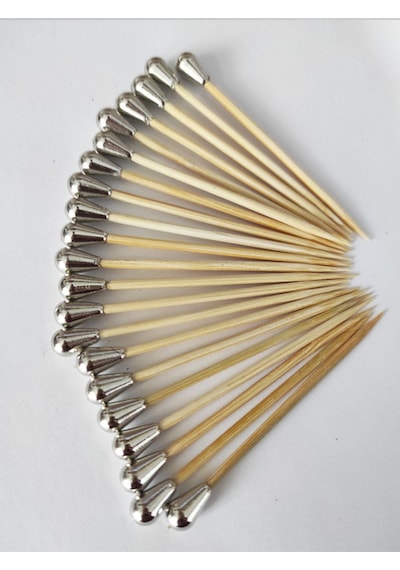 100 Adet Dekoratif Gümüş Mini Damla İnci Boncuklu Pasta Kürdanı 6,5 Cm - Boncuk 8 Mm