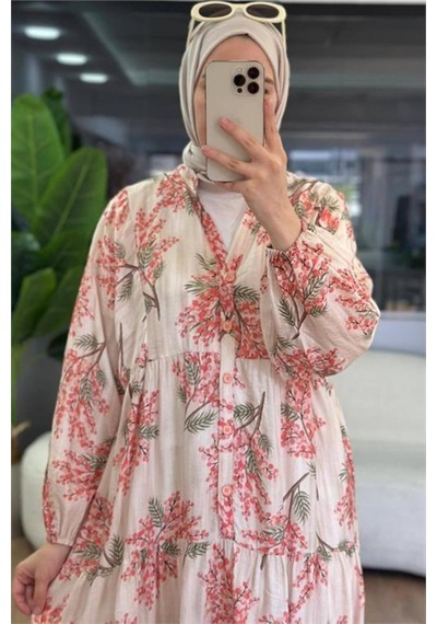 Neşeli Butik Kadın Pembe Hakim Yaka Düğmeli Viskon Çiçek Desenli Tesettür Elbise Nms099