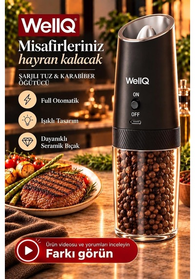 Şarjlı Işıklı Full Otomatik Yeni Nesil Tuz Karabiber Değirmeni Baharat Öğütücü Siyah