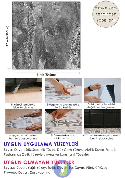 Technojet 1adet Kendinden Yapışkanlı Modern Tasarımlı Mutfak Banyo Zemin Duvar Kaplama Pvc 30cm 30cm