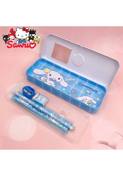 Kawaii Sanrio Kuromi Metal Kalem Kutusu Kırtasiye Seti Cinnamoroll Kuromi Kalemlik Hediye Seti Mavi