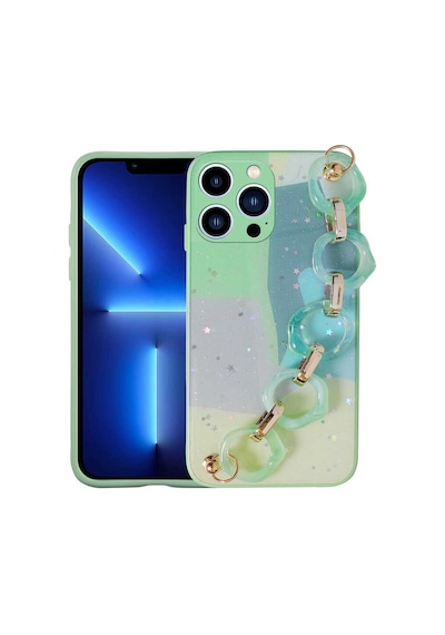Goocamp Apple Uyumlu iPhone 13 Pro Max Simli Desenli El Askılı Tutacaklı Elsa Silikon Kılı Yeşil