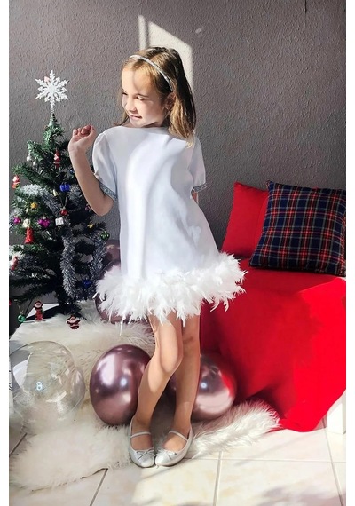 Lilymoon Tüylü Etek Ucu Kız Abiye Elbise Beyaz
