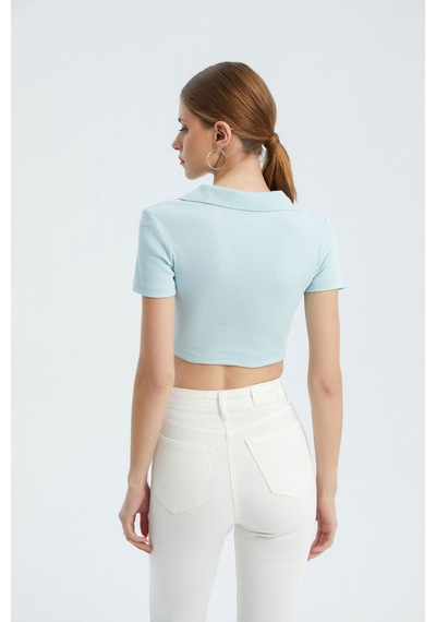 Hiccup V Yakalı Polo Crop Top Mavi