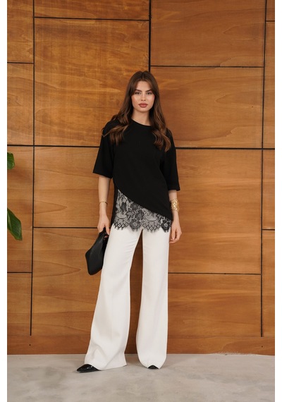 Verymoda Dantel Detaylı Asimetrik Tişört D2953 Siyah