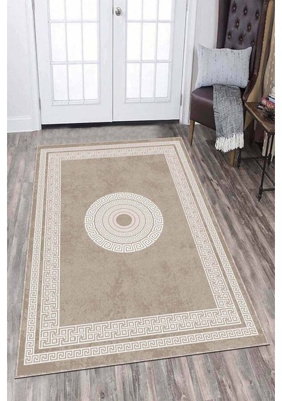Bej Çerçeveli Kaymaz Tabanlı Makinede Yıkanabilir Halı Ar689n11