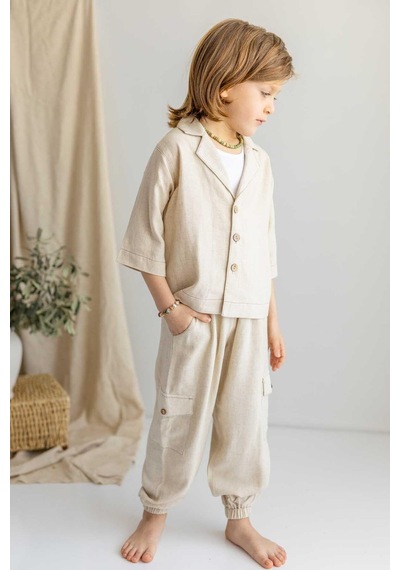Oliven The Kid Oliventhekid Bej Keten Beli Ve Paçaları Lastikli Düğmeli Cep Detaylı Erkek Çocuk Pantolon Bej Bej