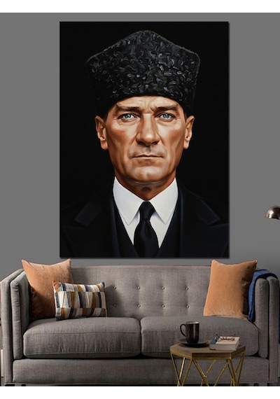 Kalpaklı Mustafa Kemal Atatürk Portresi Dekoratif Kanvas - Mdf Ahşap Tablo