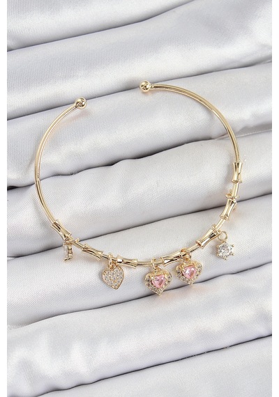 Pirinç Zirkon Taşlı Pembe Kalp Model Gold Renk Charm Bileklik - Lisinya Çok Renkli