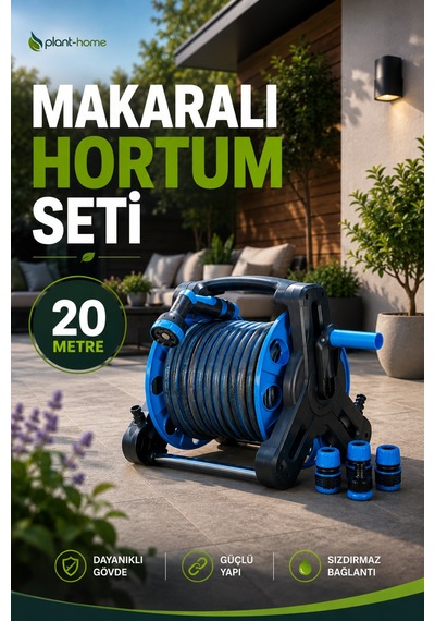 Makaralı Hortum Seti 20 Metre Bahçe Sulama Hortumu 1/2 İç Çap 5 Fonksiyonlu Sulama Tabancalı
