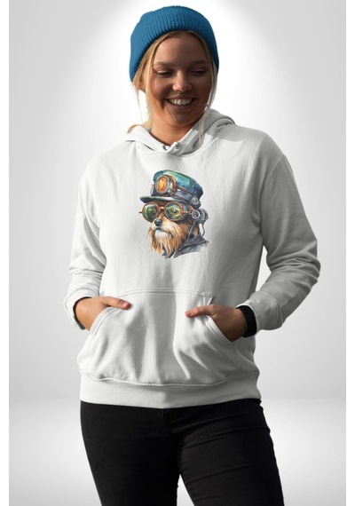 Tren Sürücüsü Gözlüklü Yorkshire Kadın Erkek Beyaz Kapüşonlu Sweatshirt Hoodie Beyaz