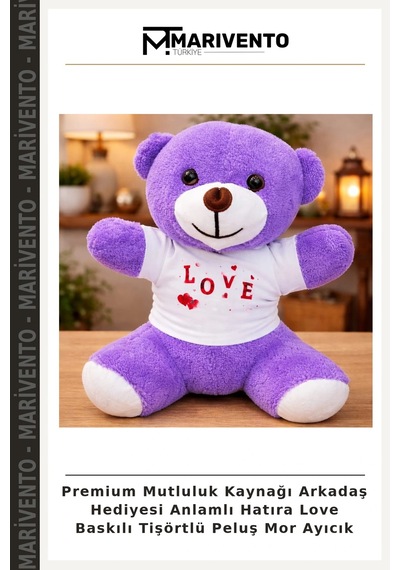Premium Mutluluk Kaynağı Arkadaş Hediyesi Anlamlı Hatıra Love Baskılı Tişörtlü Peluş Mor Ayıcık Çok Renkli