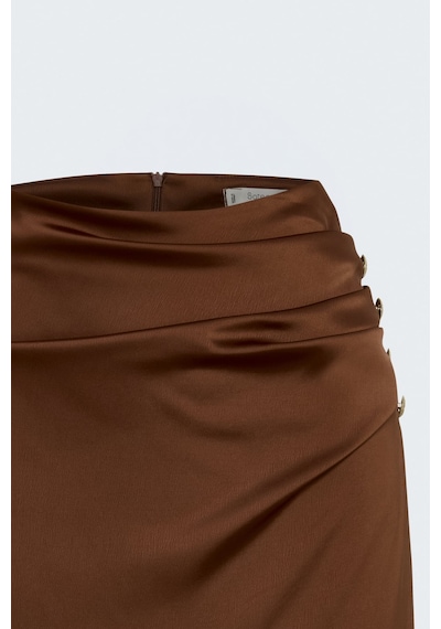 Sateen Düğme Detaylı Saten Etek - Kahve-138036