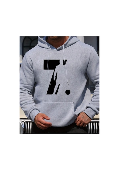 Herkesemoda Baskı Detaylı İçi Polarlı Kapüşonlu Sweatshirt Gri