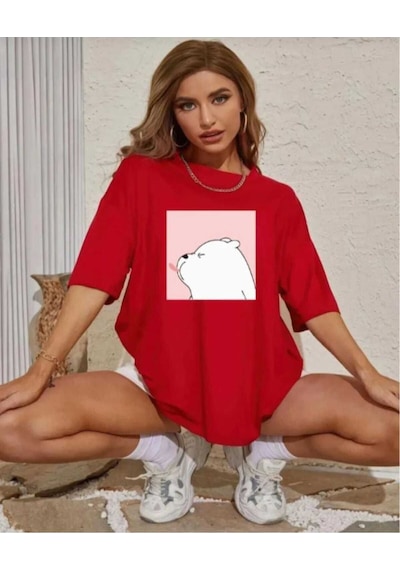 Kozia Outdoors Malkoçbey Sevimli Ayı Baskılı Oversize Basic T-shirt Kirmizi