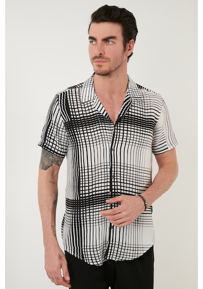 Buratti Regular Fit Kısa Kollu Apaş Yaka Desenli Erkek Gömlek Cf21S114293 Ekru-Siyah