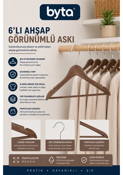 6'lı Ahşap Görünümlü Elbise Askısı Pantolon Çubuklu Dayanıklı Plastik Kıyafet Askısı Kahverengi Kahverengi