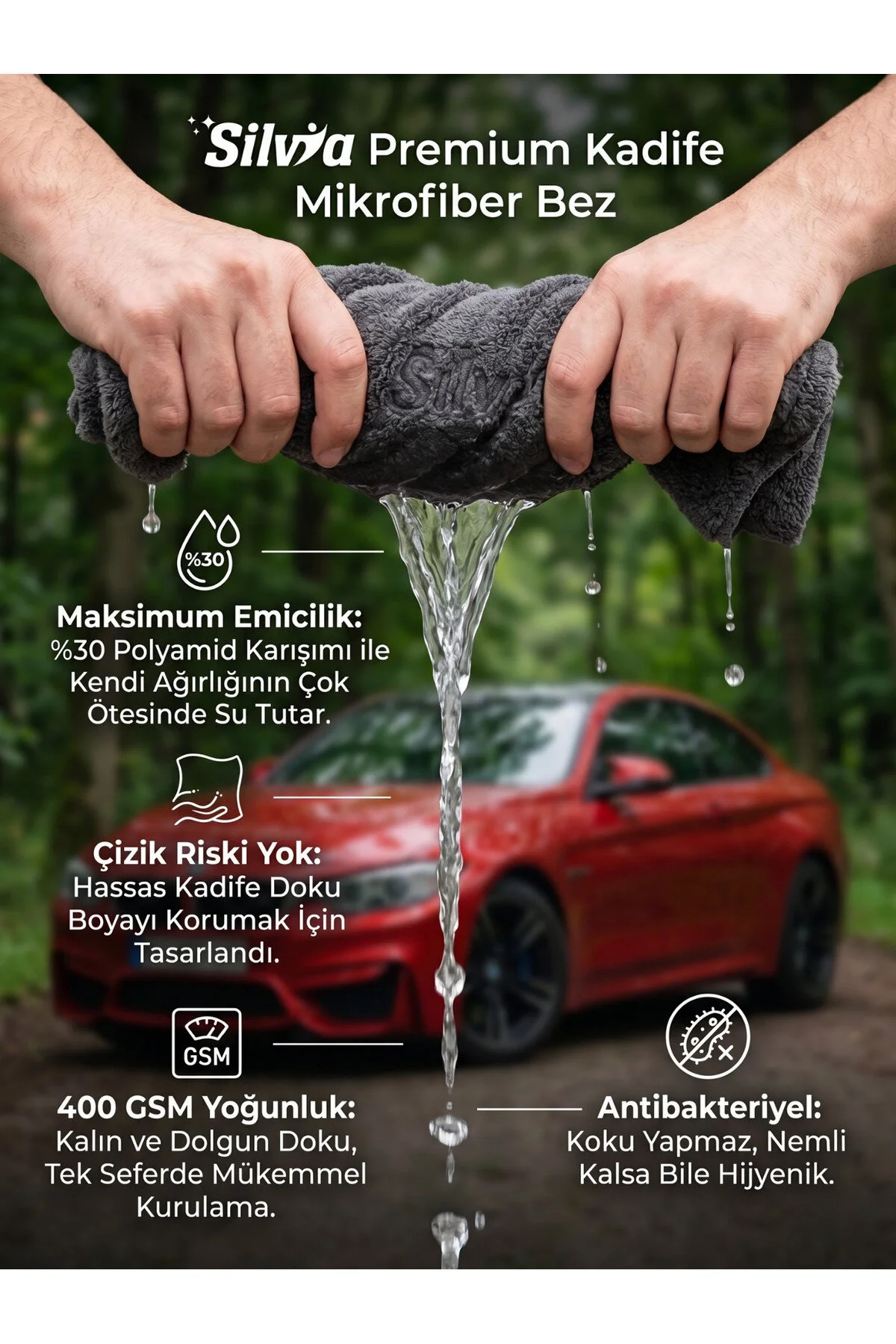 Silvia Premium 400 Gsm Mikrofiber Oto Kurulama Ve Detaylandırma Bezi 40x40 Cm - Kadife Dokulu Çizmez Parlatma Bezi