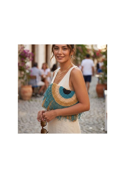 Lento Design El Örgüsü Nazar Boncuğu Temalı Rafya Portföy Çanta - Püsküllü Clutch Bej