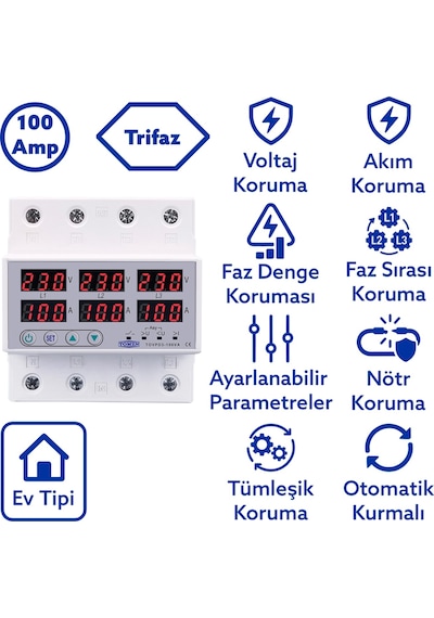 Tomzn Otomatik Faz Seçici ve Yüksek Alçak Voltaj Akım Koruma Rölesi 220V 100A