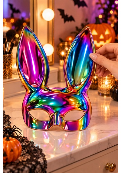 Holografik Tavşan Kulaklı Parti Maskesi Parlak Renkli Halloween Cadılar Bayramı Kostüm Aksesuarı Diğer