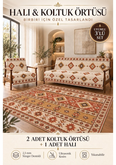 3 Lü Set 2 Adet 165x215 Cm Koltuk Örtüsü + 1 Adet 6m2 180x280 Cm Kaymaz Taban Dijital Baskılı Halı Kiremit