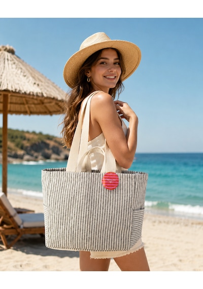 Faralya Life Çıtçıtlı Çift Saplı Kısa Ve Uzun Sap Lacivert Çizgili %70 Pamuk %30 Polyester Çift Cepli 50 42 Ölçüde Omuz Çantası Çok Amaçlı Kadın Çanta Plaj Çantası