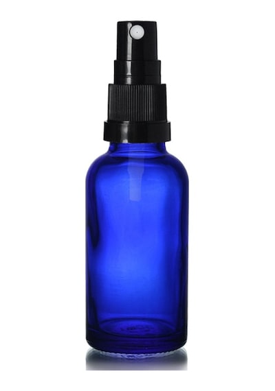 50ml Mavi Cam, Siyah Sprey Başlıklı Şişe, 24 Adet, Cam Şişe, Sprey Şişesi, Ecza Şişesi, Dropper Şişe, Medikal Şişe