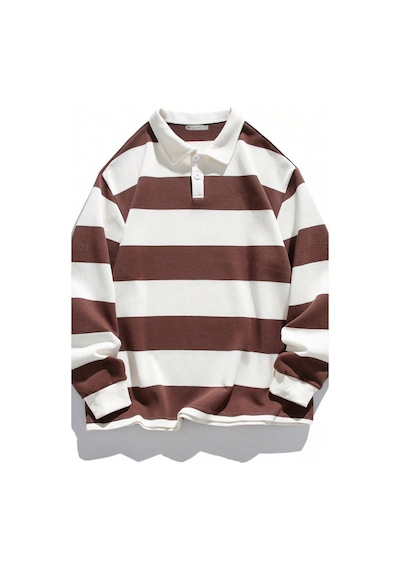 Ghassy Co. Erkek London Çizgili Şeritli Pamuklu İçi Polarlı Polo Yaka Sweatshirt Kahve Kahverengi