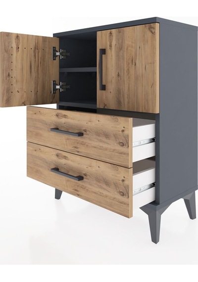 Arges Komodin 2 Raflı 2 Çekmeceli 2 Kapaklı 60x30x80 Antrasit-çam Antrasit