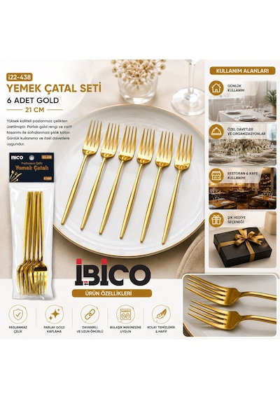 60 Parça Gold Yemek Çatal Seti 21cm - 1 Paket İçinde 6 Adet Vardır - 10 Paket Gönderilir 5468 Çok Renkli