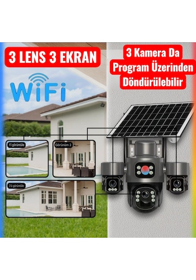 3 Kameralı 6 Motorlu Wifi Solar Kamera - Aov 7/24 Kayıt