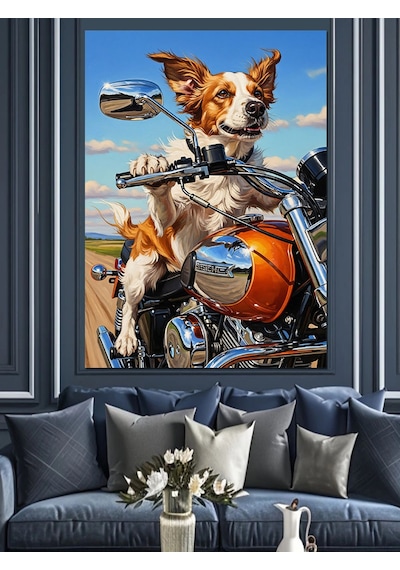 Ahşap Tablo Motosiklet Süren Köpek Resmi
