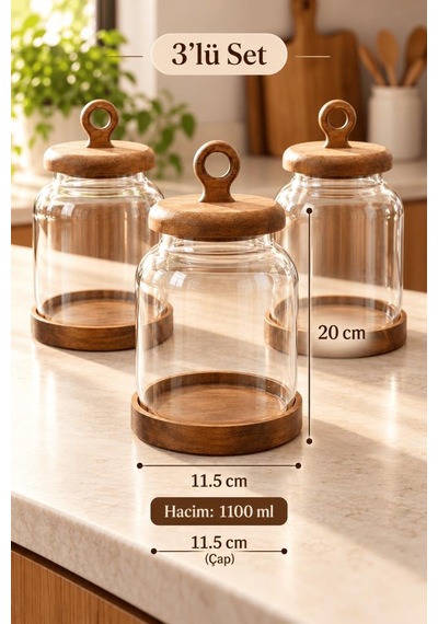 Atbyhome 3'lü Akasya Altlıklı Halka Kulplu Cam Erzak Kavanozu 1100 Ml - Vakumlu Kiler Bakliyat Saklama Kabı Seti Ahşap