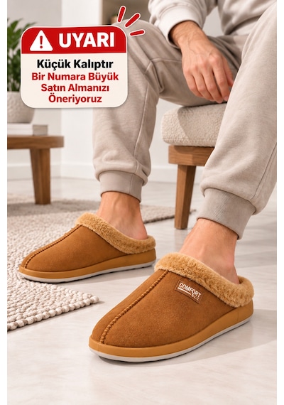 Wordex Slc 1705 Yumuşak İçi Kürklü Yünlü Kışlık Sıcak Tutan Erkek Ev Terliği Taba