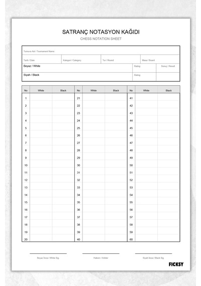 Satranç Notasyon Kağıdı - A4 Ebat - 30 Yaprak - Chess Notation Sheet - Chess Score Diğer