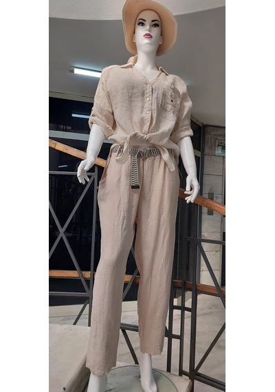 Eren Style İtalyan Kemerli Keten Pantolon-9260 Krem