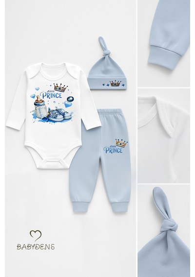 Babyden's Little Prince 3 Lü Erkek Bebek Takımı Uzun Kollu %100 Pamuk Body, Pantolon Ve Şapka Seti Mavi Açık Mavi