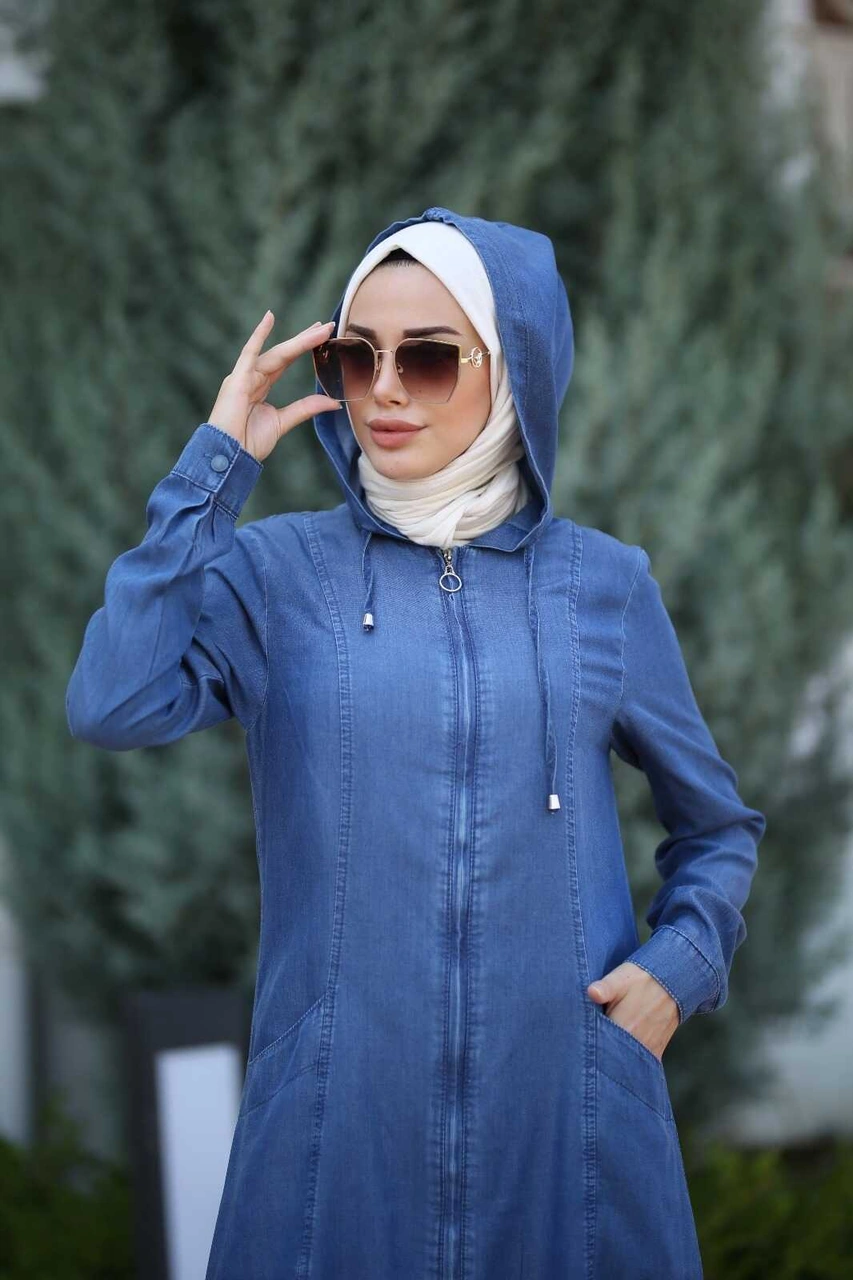 6463-denim Kapşonlu Ferace Koyu Mavi Koyu Mavi