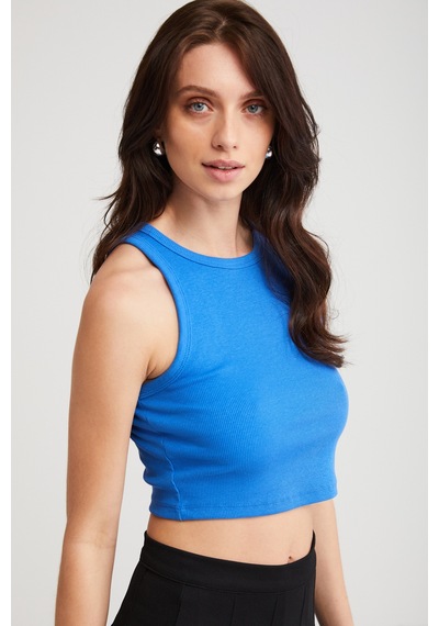 Ethıquet Joyce Kadın Slim Fit Dar Kalıp Sıfır Kol Bisiklet Yaka Örme Crop Mavi Atlet