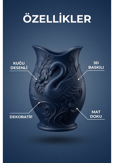 Kuğu Desenli Dekoratif Vazo 15 Cm 3d Baskılı Mat Dokulu Şık Masa Ve Raf Dekoru Lacivert