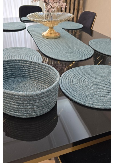6 Lı Oval Supla 1 Runner 1 Dekoratif Ekmek Sepeti Seti Desenli Sunumluk Yemek Takımı Turkuaz
