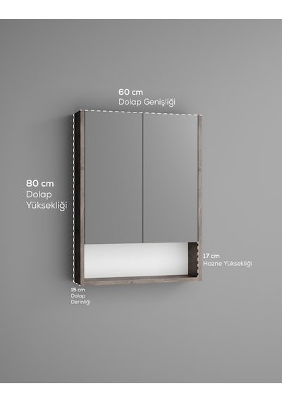 Lotus Mdf 2 Kapaklı Aynalı Banyo Dolabı Lavabo Üstü Dolap Çok Amaçlı Banyo Dolabı Gri