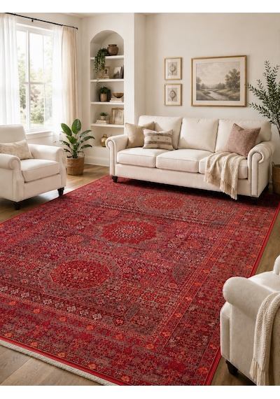 Eko Halı Pietra Pta 20 Red Sıcak Renk Tonlarını Etnik Desenlerle Buluşturan Yumuşak Tuşeli Salon Halısı Oturma Odası Halısı Mutfak Halısı Modern Makine Halısı Krem - Kırmızı