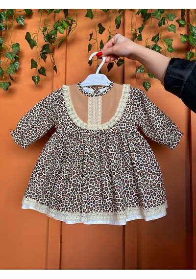 Dantel Detaylı Leopar Desenli Pamuklu Kız Çocuk Bebek Elbise 001