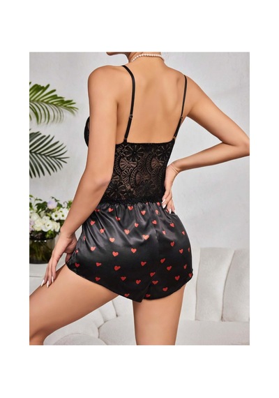 Mr Owl Kadın Siyah Kırmızı Kalp Desenli Saten Şortlu Pijama Takımı