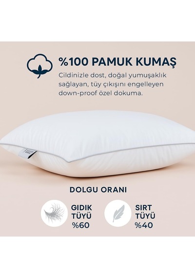 Silver 60 Twin Kaz Tüyü Yastık 3 Bölmeli Tasarım,%60 Gıdık Tüyü + Sırt Tüyü Dolgu, Orta-yumuşak Destek Genel